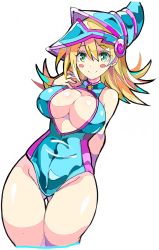Rule 34 | 1girl, aqua eyes, arm behind back, bare shoulders, blonde hair, blue hat, blue one-piece swimsuit, blush stickers, breasts, center opening, closed mouth, covered navel, dark magician girl, duel monster, enpe, gluteal fold, hair between eyes, hand up, hat, highres, huge breasts, large breasts, long hair, looking at viewer, one-piece swimsuit, pentacle, simple background, smile, solo, swimsuit, thigh gap, thighs, white background, wizard hat, yu-gi-oh!, yu-gi-oh! duel monsters