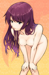 Rule 34 | 00s, 1girl, bakemonogatari, bent over, blue eyes, breasts, breasts squeezed together, completely nude, groin, hands on own knees, homunculus (alchemynote), knees together feet apart, leaning forward, long hair, monogatari (series), nipples, nude, purple hair, senjougahara hitagi, solo