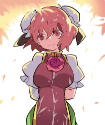 Rule 34 | 1girl, arms behind back, backlighting, bandages, bun cover, commentary request, double bun, flower, hammer (sunset beach), ibaraki kasen, pink eyes, pink hair, puffy sleeves, short hair, sideways glance, skirt, smile, solo, touhou