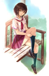 Rule 34 | 1girl, black hair, blue socks, blush, brown eyes, highres, kazeno, kneehighs, loafers, looking at viewer, neckerchief, open mouth, original, pleated skirt, school uniform, serafuku, shoes, short hair, short sleeves, sitting, skirt, socks, solo