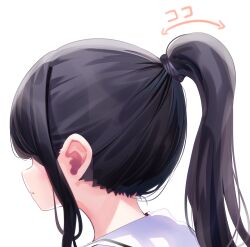 Rule 34 | 1girl, absurdres, arrow (symbol), black hair, blush, chikuwa., commentary request, facing away, from side, high ponytail, highres, long hair, original, parted lips, ponytail, portrait, sailor collar, sidelocks, simple background, solo, translation request, white background, white sailor collar