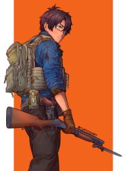 Rule 34 | 1boy, ammunition, backpack, bag, barefoot, bayonet, black hair, black pants, blue eyes, blue jacket, body armor, brown bag, brown gloves, buckle, closed mouth, commentary, english commentary, from side, glasses, gloves, grey-framed eyewear, gun, hair between eyes, handgun, highres, holding, holding gun, holding weapon, holster, holstered, jacket, long sleeves, looking at viewer, looking to the side, m1911, male focus, orange background, original, pants, bulletproof vest, pump action, semi-rimless eyewear, shotgun, sleeves past elbows, sleeves pushed up, snap-fit buckle, solo, thick eyebrows, turtatoart, twitter username, two-tone background, under-rim eyewear, virtual youtuber, weapon, white background, winchester model 1897