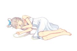 Rule 34 | 1girl, barefoot, dongqing zaozigao, dress, closed eyes, feet, full body, highres, long hair, luo tianyi, lying, on side, silver hair, sleeping, smile, solo, transparent background, vocaloid, white background
