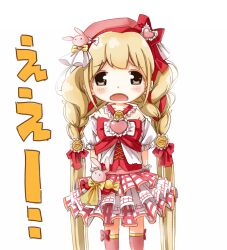 Rule 34 | 1girl, beret, blonde hair, blush, bow, commentary request, frills, futaba anzu, grey eyes, hat, heart, idolmaster, idolmaster cinderella girls, idolmaster cinderella girls starlight stage, layered skirt, long hair, looking at viewer, low twintails, off shoulder, open mouth, pink hat, pink thighhighs, plaid, plaid skirt, puffy short sleeves, puffy sleeves, red bow, shirt, short sleeves, simple background, skirt, solo, standing, thighhighs, translation request, twintails, very long hair, white background, white shirt, white skirt, yukie (kusaka shi)