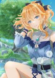 Rule 34 | 1girl, adjusting hair, blonde hair, blue eyes, blue shirt, detached sleeves, genshin impact, hand in own hair, high-waist shorts, highres, jean (genshin impact), jean (sea breeze dandelion) (genshin impact), long hair, looking at viewer, official alternate costume, outstretched arms, parted lips, ponytail, see-through, shirt, shirt tucked in, shorts, shou fuji, silver hair, smile, solo, tree, wind