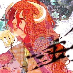 Rule 34 | 00s, 1boy, 2009, dated, happy new year, horns, japanese clothes, kimono, kurosawa tomo, long hair, male focus, new year, original, red eyes, red hair, solo