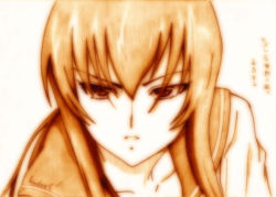 Rule 34 | 1girl, busujima saeko, female focus, godees, gradient background, highschool of the dead, long hair, monochrome, open mouth, school uniform, sepia, sketch, solo, traditional media, white background