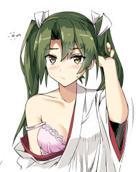 Rule 34 | 1girl, bra, breasts, commentary request, green eyes, green hair, hair ribbon, japanese clothes, kantai collection, kimono, long hair, looking at viewer, monsuu (hoffman), ribbon, simple background, sleepy, small breasts, solo, squeans, strap slip, underwear, upper body, white background, white bra, white kimono, zuikaku (kancolle)