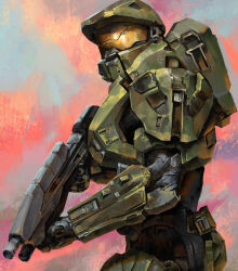 Rule 34 | 1boy, absurdres, armor, assault rifle, assault visor, black gloves, bullpup, facing up, from side, gloves, gun, halo (series), halo 5: guardians, highres, holding, holding gun, holding weapon, ma5, male focus, master chief, mumu mei, power armor, rifle, science fiction, solo, spartan (halo), weapon
