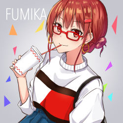Rule 34 | 1girl, blouse, braid, character name, drinking, earrings, grey background, highres, jewelry, looking at viewer, okutomi fumi, original, red-framed eyewear, red eyes, red hair, shirt, short hair, solo, white shirt