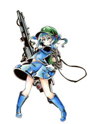 Rule 34 | 1girl, backpack, bag, blue eyes, blue hair, boots, dress, dual wielding, goku (acoloredpencil), gokuu (acoloredpencil), gun, hair bobbles, hair ornament, hat, highres, holding, kawashiro nitori, key, long sleeves, looking at viewer, matching hair/eyes, pocket, rifle, rubber boots, shirt, short hair, skirt, skirt set, smile, solo, tools, touhou, twintails, two side up, weapon