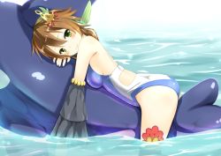 Rule 34 | 1girl, ass, bluekalmia, blush, breasts, brown hair, green eyes, looking at viewer, lying, medium breasts, on stomach, one-piece swimsuit, oshi (oshiro project), oshiro project:re, smile, solo, swimsuit, water