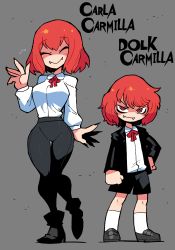Rule 34 | 1boy, 1girl, absurdres, black footwear, black pants, black shorts, breasts, carla carmilla (rariatto), character name, dolk carmilla, closed eyes, fangs, hand on own hip, highres, large breasts, mother and son, neck ribbon, original, pants, parent and child, rariatto (ganguri), red eyes, red hair, red ribbon, ribbon, shaded face, shirt, shoes, shorts, socks, vampire, white footwear, white shirt