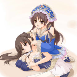 Rule 34 | 2girls, aose saratoga, atelier (series), atelier meruru, atelier totori, bare shoulders, blush, boots, brown eyes, brown hair, detached sleeves, ear cleaning, female focus, hat, headdress, lap pillow, long hair, mimi houllier von schwarzlang, mimikaki, multiple girls, open mouth, ponytail, smile, thigh boots, thighhighs, totooria helmold