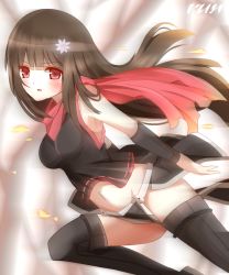 Rule 34 | 1girl, bare shoulders, black shirt, black thighhighs, blurry, blurry background, blush, breasts, brown hair, commentary request, depth of field, flower, hair flower, hair ornament, highres, leaning forward, long hair, looking at viewer, looking to the side, medium breasts, navel, ninja, non (wednesday-classic), original, parted lips, pelvic curtain, red eyes, red scarf, scarf, shirt, sleeveless, sleeveless shirt, solo, standing, standing on one leg, thighhighs, v-shaped eyebrows, very long hair, white flower