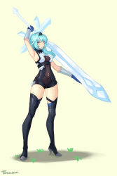 Rule 34 | 1girl, armpits, artist name, blue hair, boots, breasts, eula (genshin impact), full body, genshin impact, hair between eyes, high heel boots, high heels, highres, holding, holding sword, holding weapon, huge weapon, leotard, looking at viewer, medium breasts, phrecklesart, simple background, solo, standing, sword, thigh boots, watermark, weapon, white background