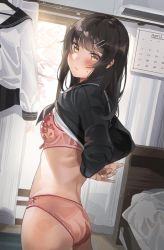 Rule 34 | 1girl, arms behind back, ass, bed, black hair, black shirt, blush, bra, breasts, calendar (object), closed mouth, commentary request, from side, hair ornament, hairclip, indoors, long hair, long sleeves, looking at viewer, looking to the side, no pants, original, panties, school uniform, serafuku, shirt, small breasts, standing, tipii, underwear, white shirt, yellow eyes