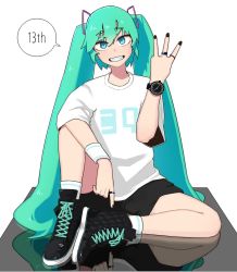 Rule 34 | 1girl, bad id, bad twitter id, black footwear, black nails, black shorts, blue eyes, blue hair, commentary request, full body, grin, hatsune miku, highres, jewelry, long hair, looking at viewer, nail polish, ohasi, ring, shirt, shoes, shorts, smile, sneakers, socks, solo, t-shirt, very long hair, vocaloid, w, watch, white shirt, white socks, wristband, wristwatch