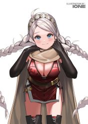 Rule 34 | 1girl, absurdres, ahoge, bad id, bad twitter id, blue eyes, boots, braid, breasts, cape, closed mouth, commission, commissioner upload, cosplay, fingerless gloves, fire emblem, fire emblem: the binding blade, fire emblem fates, gloves, hairband, highres, igrene (fire emblem), igrene (fire emblem) (cosplay), ioneare, large breasts, long hair, looking at viewer, nina (fire emblem), nintendo, silver hair, thigh boots, thighhighs, thighs, transparent background, twin braids, upper body, very long hair