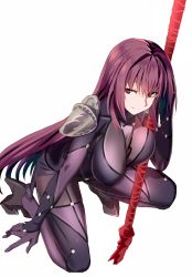 Rule 34 | 1girl, arm at side, black footwear, bodysuit, breasts, closed mouth, fate/grand order, fate (series), full body, gae bolg (fate), hanging breasts, high heels, holding, holding weapon, large breasts, long hair, ningen (ningen96), on one knee, polearm, purple bodysuit, purple hair, red eyes, scathach (fate), scathach (fate), shoes, shoulder pads, simple background, smile, solo, spear, unaligned breasts, very long hair, weapon, white background