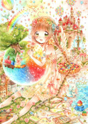 Rule 34 | 1girl, :d, absurdres, ahoge, aircraft, balloon, bare shoulders, basket, bird, blush, brown hair, rabbit, castle, chicken, dress, elephant, flower, food, fountain, green eyes, head wreath, highres, hot air balloon, kotori hana, letter, long hair, looking at viewer, open mouth, original, rainbow, sitting, sleeveless, sleeveless dress, smile, socks, solo, sweets, toy, tree, twintails, water, wings