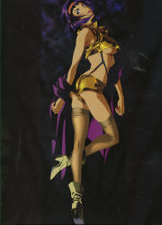 Rule 34 | 1990s (style), 1girl, absurdres, ankle boots, ass, boots, breasts, brown thighhighs, cowboy bebop, faye valentine, female focus, gradient background, green eyes, hairband, high heel boots, high heels, highres, large breasts, legs, lipstick, looking at viewer, makeup, nail polish, official art, purple hair, red lips, retro artstyle, short hair, shorts, solo, standing, standing on one leg, suspenders, thighhighs, underboob