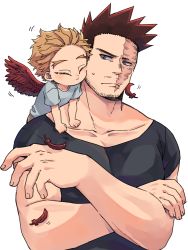 Rule 34 | 2boys, :t, aged down, black shirt, blonde hair, blue eyes, blue shirt, boku no hero academia, cheek-to-cheek, child, closed eyes, closed mouth, collarbone, commentary request, crossed arms, endeavor (boku no hero academia), facial hair, facial mark, feathered wings, feathers, fingernails, hawks (boku no hero academia), heads together, looking at another, looking to the side, male focus, mature male, miso (mimimiso), motion lines, multiple boys, muscular, muscular male, nuzzle, on shoulder, pectorals, red feathers, red hair, red wings, scar, scar across eye, scar on face, shedding, shedding feathers, shirt, short hair, sideways glance, simple background, spiked hair, stubble, sweatdrop, t-shirt, upper body, white background, wings