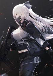 Rule 34 | 1girl, ak-12, ak-12 (girls&#039; frontline), artificial eye, artist name, assault rifle, black background, black pants, braid, breasts, french braid, from side, girls&#039; frontline, gloves, gun, hair ribbon, highres, holding, holding gun, holding weapon, kalashnikov rifle, large breasts, long hair, mask, midriff, nekoya (liu), pale skin, pants, partially fingerless gloves, pink eyes, pouch, ribbon, rifle, silver hair, solo, tactical clothes, weapon