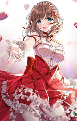 Rule 34 | 1girl, :d, blue eyes, blush, bow, breasts, brown hair, collarbone, commentary request, elbow gloves, frilled skirt, frills, gloves, gradient background, grey background, heart, highres, idolmaster, idolmaster cinderella girls, idolmaster cinderella girls starlight stage, long hair, looking at viewer, medium breasts, open mouth, outstretched arm, red skirt, sakuma mayu, shirt, skirt, smile, solo, strapless, sutoroa, white background, white bow, white gloves, white shirt
