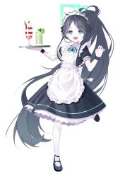 Rule 34 | 1girl, absurdres, apron, aqua halo, aris (blue archive), aris (maid) (blue archive), black footwear, black hair, black wristband, blue archive, blue eyes, commentary, food, full body, glass, green halo, halo, hand up, highres, holding, holding tray, loafers, long hair, looking at viewer, maid, maid apron, maid headdress, marks (dmhunsu10), official alternate costume, open mouth, ponytail, rectangular halo, shoes, short sleeves, sidelocks, simple background, smile, solo, standing, standing on one leg, tray, very long hair, white apron, white background, wristband