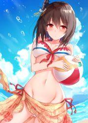 Rule 34 | 1girl, ball, beachball, bikini, black hair, blue sky, breasts, cloud, commentary request, cowboy shot, day, frilled bikini, frills, groin, hair between eyes, hair ornament, highres, kantai collection, kinona, large breasts, looking at viewer, navel, outdoors, red eyes, sarong, short hair, sky, solo, swimsuit, white bikini, yamashiro (kancolle)