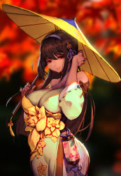 Rule 34 | 1girl, absurdres, adjusting hair, bare shoulders, breasts, brown hair, covered erect nipples, curvy, flower, hair ornament, han-0v0, highres, japanese clothes, large breasts, long hair, looking at viewer, oil-paper umbrella, red eyes, smile, solo, standing, umbrella, xian jian qi xia zhuan (series), xianjian qixia zhuan, xianjian qixia zhuan huanlijing