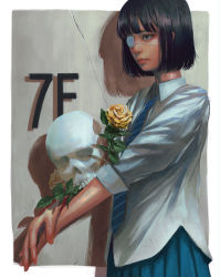 Rule 34 | 1girl, black hair, blue necktie, blue skirt, bob cut, border, brown eyes, closed mouth, collared shirt, commentary, cowboy shot, drop shadow, english commentary, eyepatch, flower, from side, highres, holding, holding flower, medical eyepatch, medium hair, necktie, one eye covered, original, pleated skirt, rose, school uniform, shirt, skirt, skull, solo, untucked shirt, wataboku, white border, white shirt, wing collar, yellow flower, yellow rose