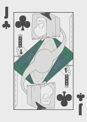Rule 34 | 1girl, black hairband, bob cut, bolos, card, club (shape), ghost, green vest, grey hair, hairband, hitodama, holding, holding sword, holding weapon, jack (playing card), jack of clubs (playing card), katana, konpaku youmu, playing card, short hair, sword, touhou, vest, weapon