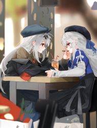 Rule 34 | 2girls, :o, arknights, beret, black headwear, black jacket, black skirt, blue shirt, blush, brown sweater, commentary, cup, drinking straw, english commentary, eyewear on head, food, h cho3, hat, highres, holding, holding food, jacket, juice, long hair, looking at another, multiple girls, orange juice, outdoors, puffy short sleeves, puffy sleeves, red eyes, shirt, short sleeves, skadi (arknights), skirt, specter (arknights), sweatdrop, sweater, very long hair, wafer stick, white hair, yuri