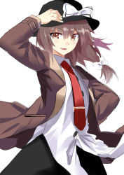 Rule 34 | &gt;:), 1girl, adjusting clothes, adjusting headwear, black hat, black skirt, blush, bow, brown eyes, brown hair, brown jacket, cowboy shot, dress shirt, e.o., hair bow, hand on own hip, hat, hat bow, highres, jacket, looking at viewer, necktie, parted lips, red necktie, shirt, skirt, solo, suit jacket, touhou, usami renko, v-shaped eyebrows, white background, white bow, white shirt