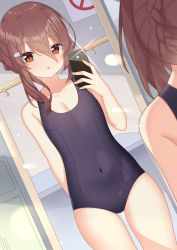 Rule 34 | 1boy, :o, absurdres, apple, apple inc., arm behind back, bad id, bad pixiv id, bare arms, bare shoulders, black one-piece swimsuit, blush, braid, brown hair, cellphone, collarbone, covered navel, dutch angle, food, from behind, fruit, hair between eyes, hair ornament, hairclip, highres, holding, holding phone, indoors, jyt, long hair, looking at viewer, male focus, mirror, niliu chahui, one-piece swimsuit, original, parted lips, phone, red eyes, reflection, selfie, sidelocks, smartphone, solo, swimsuit, trap