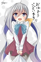 Rule 34 | 10s, 1girl, ahoge, bad id, bad pixiv id, bag, blue eyes, blue hair, blush, bow, bowtie, commentary request, cowboy shot, dress, grey hair, grey pantyhose, hair between eyes, holding, holding bag, kantai collection, kiyoshimo (kancolle), long hair, looking at viewer, low twintails, multicolored hair, natsunoyuu, open mouth, pantyhose, shirt, signature, simple background, sleeveless, sleeveless dress, solo, translation request, trash bag, twintails, very long hair, white shirt