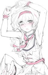 Rule 34 | 1girl, alice margatroid, armpits, arms up, capelet, cuffs, dress, geppewi, hairband, handcuffs, looking at viewer, monochrome, short hair, solo, spot color, touhou