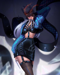 Rule 34 | 1girl, absurdres, breasts, claws, cropped jacket, demon girl, evelynn (league of legends), evillious nendaiki, garter straps, glowing, glowing eyes, highres, irokorii, kneehighs, league of legends, long hair, looking at viewer, makeup, open clothes, silver hair, skirt, socks, yellow eyes