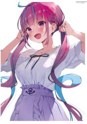 Rule 34 | 1girl, absurdres, ahoge, anchor, anchor print, blush, braid, breasts, colored inner hair, gaou (umaiyo puyoman), highres, hololive, long hair, looking at viewer, medium breasts, minato aqua, multicolored hair, nail polish, open mouth, purple eyes, purple hair, scan, see-through, simple background, solo, twintails, two-tone hair, upper body, virtual youtuber, white background