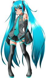 Rule 34 | 1girl, aqua eyes, aqua hair, black thighhighs, boots, breasts, detached sleeves, dr rex, full body, hatsune miku, headset, highres, long hair, looking at viewer, necktie, small breasts, solo, standing, tattoo, thigh boots, thighhighs, twintails, very long hair, vocaloid, vocaloid boxart pose, white background