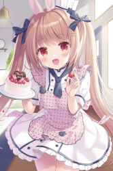 Rule 34 | 1girl, :d, absurdres, animal ears, animal print, apron, black bow, blush, bow, brown hair, cake, colored eyelashes, commentary, cowboy shot, food, frilled apron, frilled skirt, frills, fruit, hair between eyes, hair bow, hair ornament, hairclip, hands up, happy, heart, heart print, highres, holding, holding food, holding fruit, holding tray, hoshimame mana, indoors, long hair, looking at viewer, mini chef hat, open mouth, original, pink apron, puffy short sleeves, puffy sleeves, rabbit ears, rabbit girl, rabbit print, red eyes, shirt, short sleeves, sidelighting, skirt, smile, solo, standing, strawberry, tray, twintails, very long hair, white shirt, white skirt