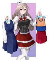 Rule 34 | 1girl, absurdres, brown eyes, clothes hanger, commentary request, corset, cowboy shot, grey hair, hair between eyes, hat, highres, holding, holding clothes, kantai collection, looking at viewer, mini hat, miniskirt, pola (kancolle), red skirt, shirt, skirt, solo, thick eyebrows, thighhighs, tilted headwear, toriniku senshi chikinman, two-tone background, wavy hair, white background, white shirt, white thighhighs