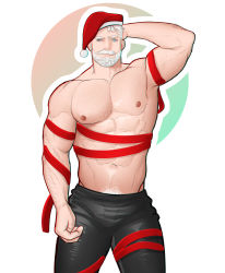 Rule 34 | 1boy, abs, absurdres, bara, commentary, hat, highres, large pectorals, looking at viewer, male focus, mature male, mlacc, muscular, muscular male, navel, nipples, original, pectorals, santa hat, solo, stomach, topless male, white hair