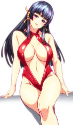 Rule 34 | 1girl, 846-gou, arm support, bad id, bad pixiv id, black hair, blunt bangs, blush, breasts, breasts apart, center opening, cleavage, collarbone, cowboy shot, crossed legs, dead or alive, groin, hair ribbon, halterneck, head tilt, highleg, highres, hime cut, large breasts, long hair, looking at viewer, mole, mole under mouth, navel, no wings, nyotengu, one-piece swimsuit, parted lips, purple eyes, red one-piece swimsuit, ribbon, shadow, sidelocks, simple background, sitting, sketch, slingshot swimsuit, smile, solo, swimsuit, tress ribbon, white background