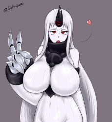 Rule 34 | 1girl, breasts, ciohoxyami, claws, colored skin, dress, grey background, heart, highres, horns, huge breasts, kantai collection, long hair, looking at viewer, red eyes, ribbed dress, seaport princess, simple background, single horn, solo, v, very long hair, white dress, white hair, white skin