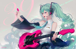 Rule 34 | 1girl, 39, artist name, bracelet, dadachyo, detached sleeves, electric guitar, green eyes, green hair, guitar, hatsune miku, headset, instrument, jewelry, long hair, nail polish, necktie, open mouth, plectrum, solo, twintails, very long hair, vocaloid