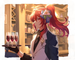 Rule 34 | 1boy, alcohol, black gloves, black necktie, black shirt, cup, diluc (genshin impact), drinking glass, flower, genshin impact, glass, gloves, hair between eyes, hair flower, hair ornament, highres, holding, holding plate, long hair, long sleeves, male focus, necktie, plate, ponytail, red eyes, red hair, shirt, solo, vest, white vest, wine, wine glass, yuu (mboj fdk)