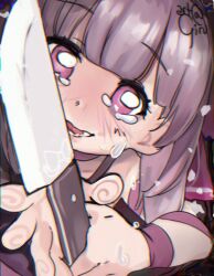 1girl arm_ribbon blush bow choker close-up crying crying_with_eyes_open fallenshadow fallenshadow_(1st_costume) girutea halterneck highres holding holding_knife holding_weapon indie_virtual_youtuber knife looking_at_viewer lower_teeth_only medium_hair nose_blush pink_bow pink_choker pink_eyes purple_hair ribbon signature solo tears teeth tongue virtual_youtuber weapon yandere